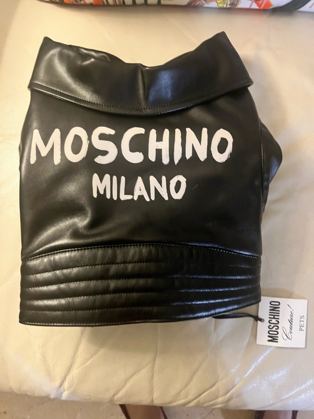 MOSCHINO Couture Pets Black Faux Leather Biker Jacket with Red Lining